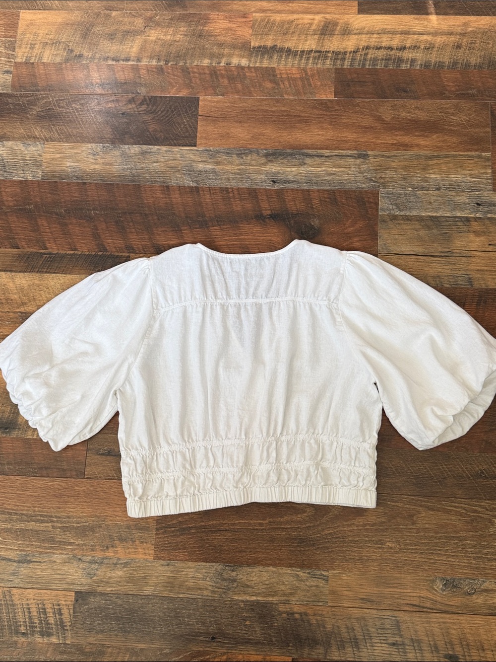 Marc New York Andrew Marc White Linen Blend Smocked Puff Sleeve Crop Top XL - Picture 7 of 8